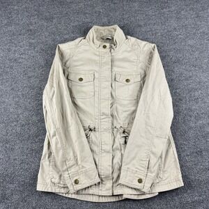 LL Bean Jacket Womens S Beige Utility Cotton Canvas Field Coat Snap Front